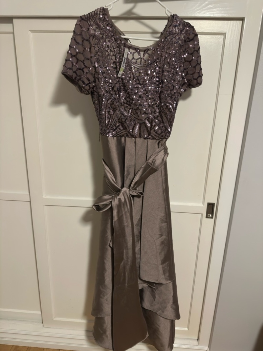 R&M Richards Taupe Sequin Embellished Evening Dress